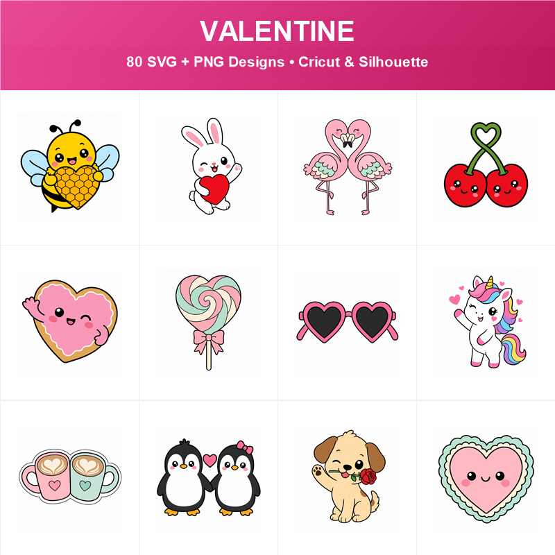 Cute Valentine SVG Bundle - 80 Designs | SVG PNG DXF for Cricut