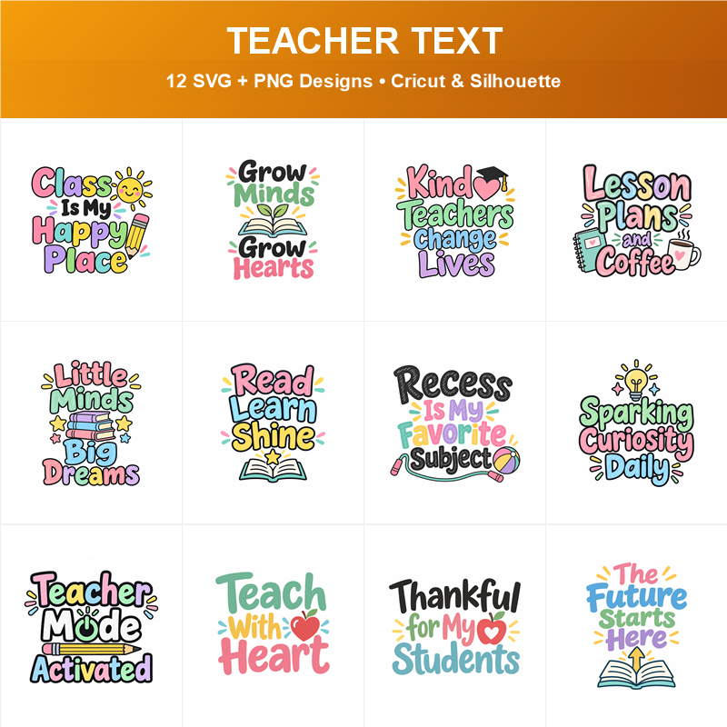 Cute Teacher Text SVG Bundle - 12 Designs | SVG PNG DXF for Cricut