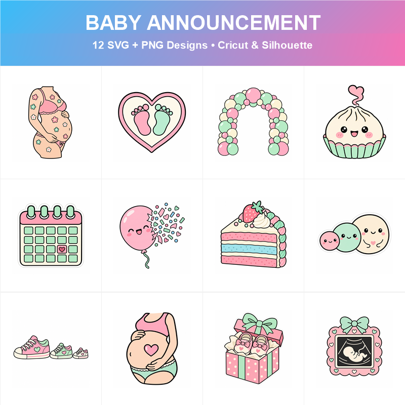 Cute Baby Announcement SVG Bundle - 12 Designs | SVG PNG DXF for Cricut