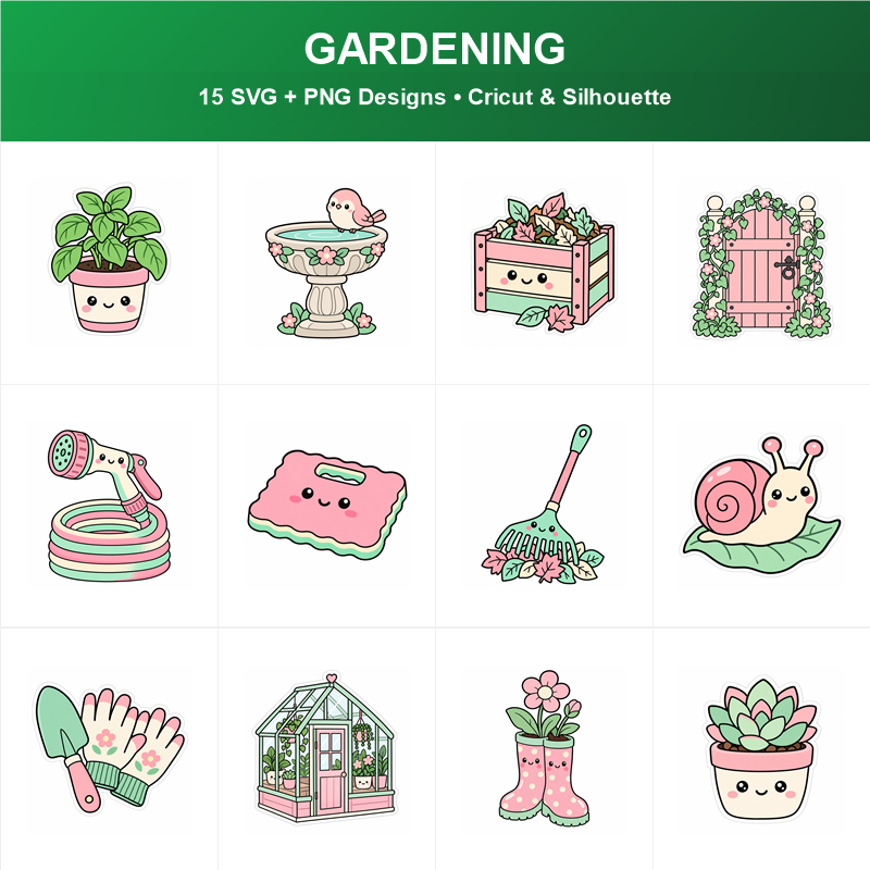Cute Gardening SVG Bundle - 15 Designs | SVG PNG DXF for Cricut