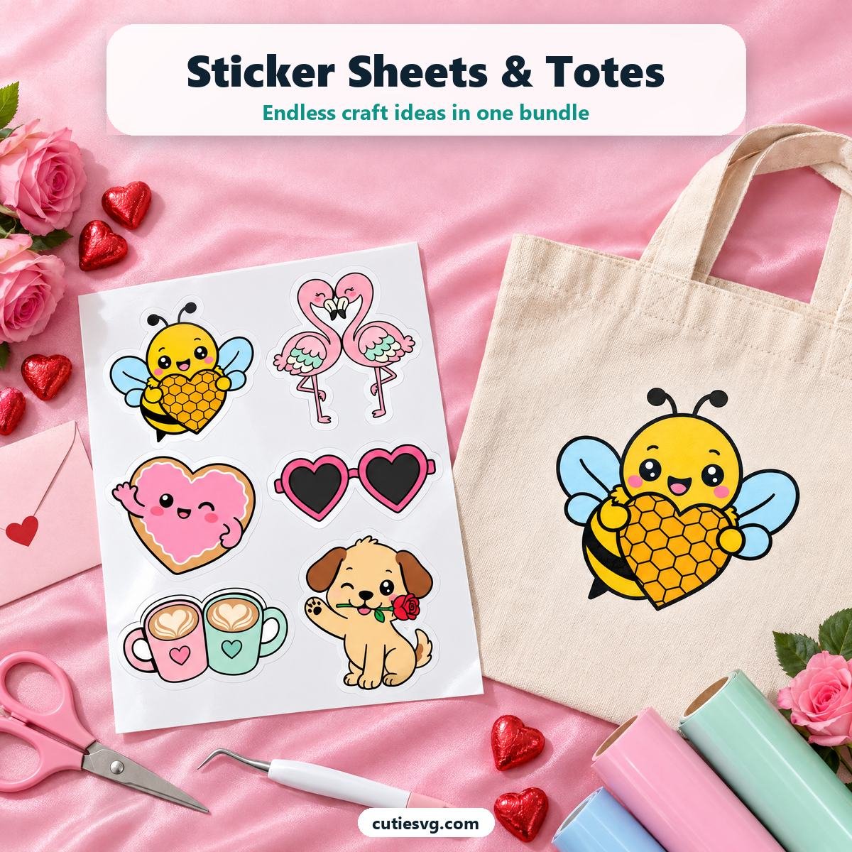 Cute Valentine SVG sticker sheet and tote bag