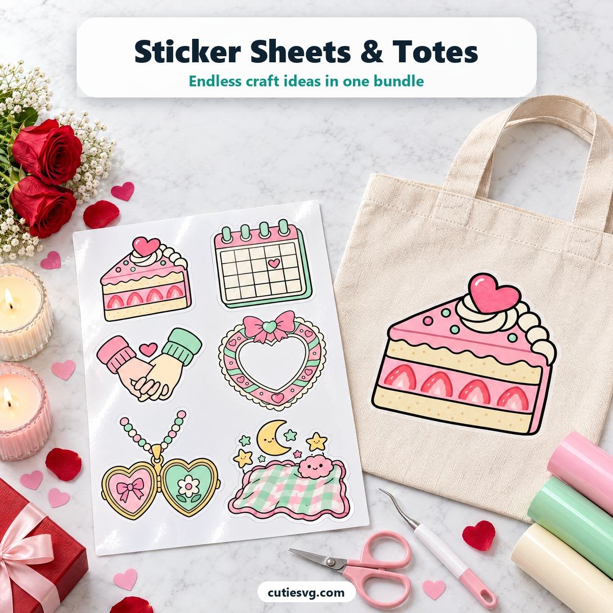 Cute Anniversary SVG sticker sheet and tote bag