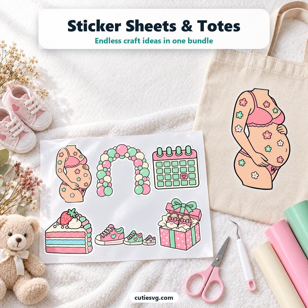 Cute Baby Announcement SVG sticker sheet and tote bag