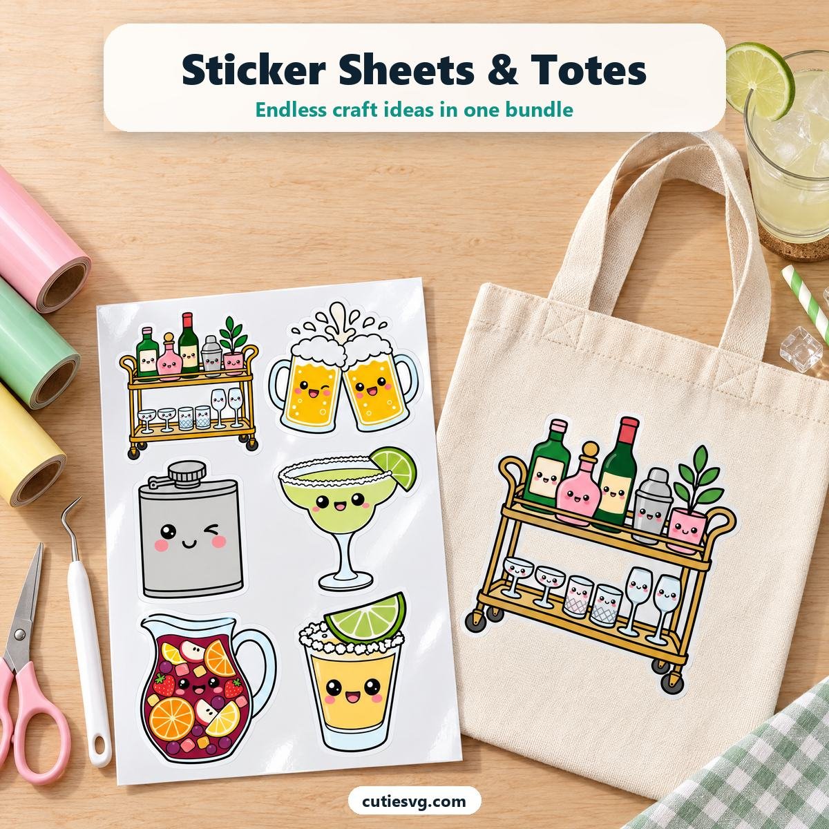 Cute Drinks Humor SVG sticker sheet and tote bag