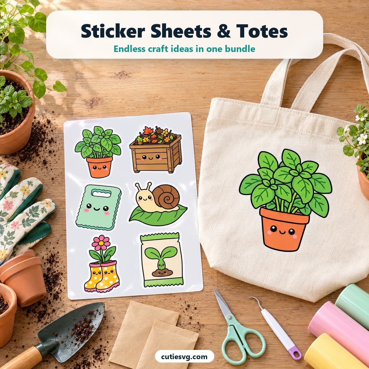 Cute Gardening SVG sticker sheet and tote bag